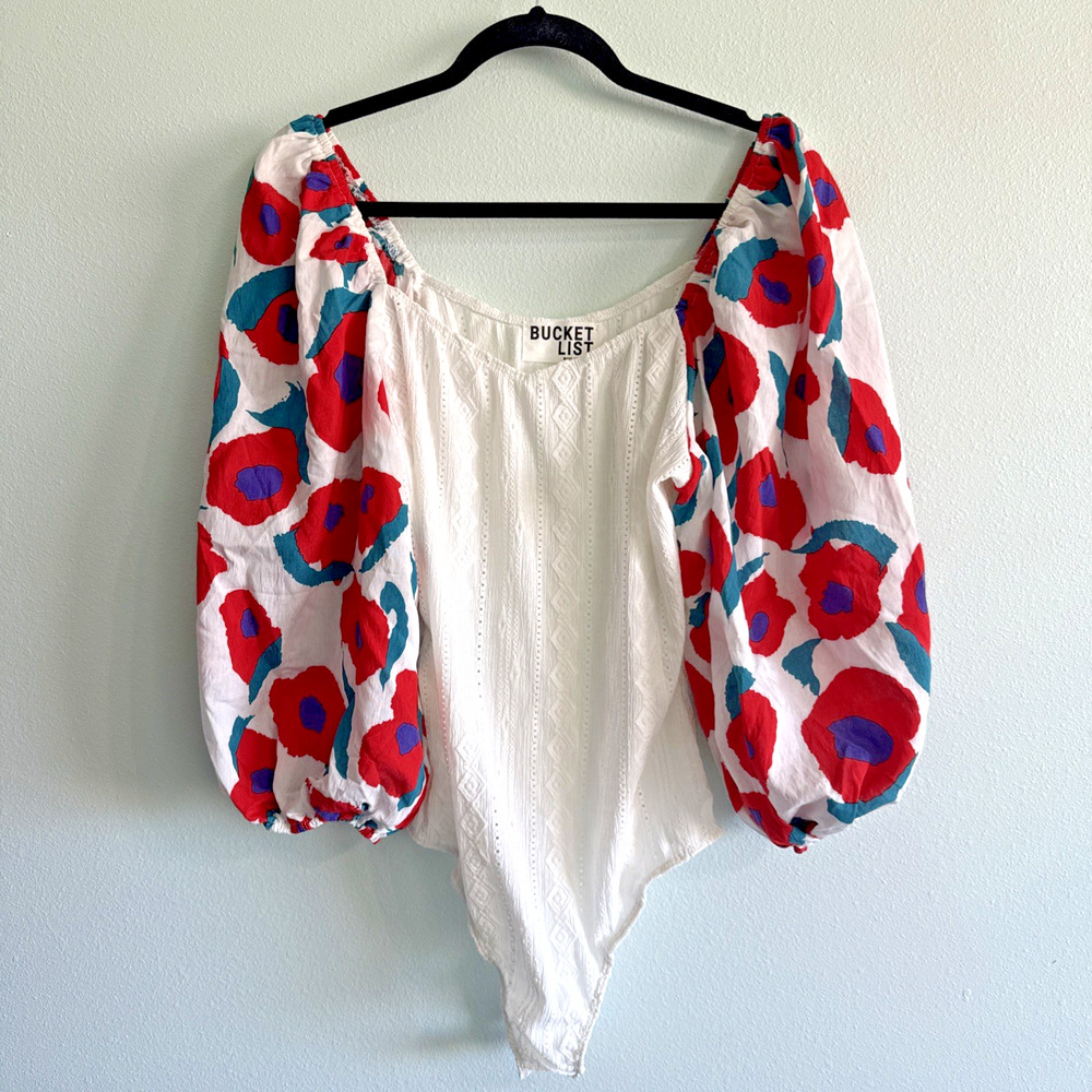BUCKETLIST white eyelet bodysuit‎ with floral puff sleeves womens Large USA